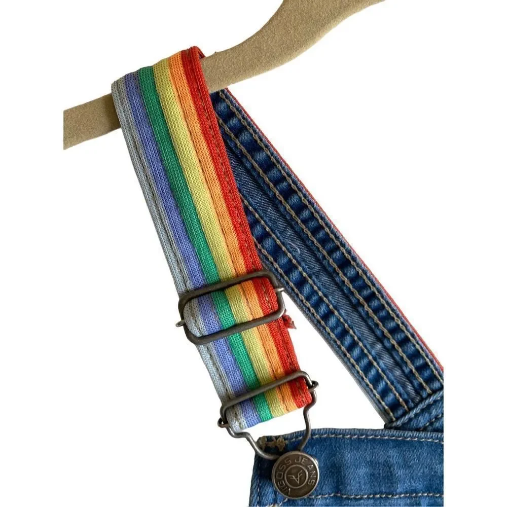Vigoss girls, denim, blue rainbow, accent, stretch, Overalls size medium